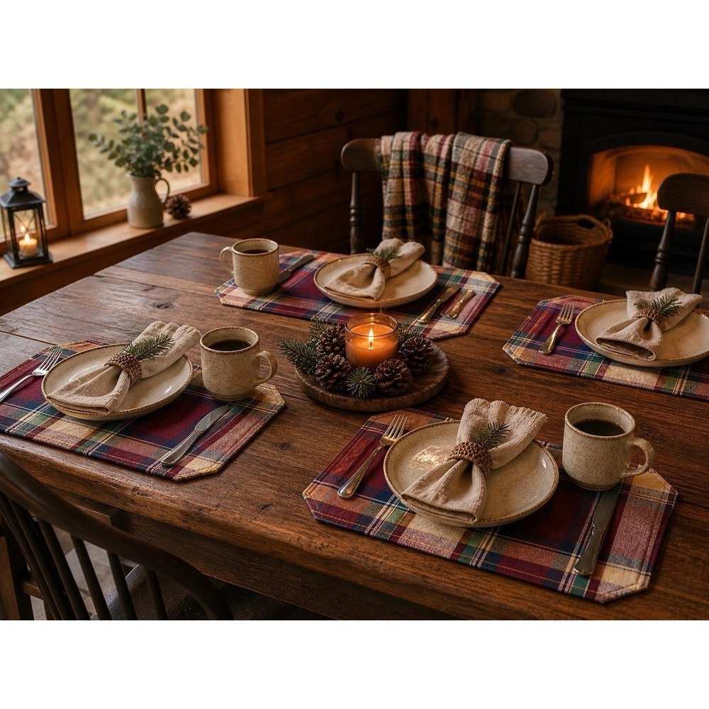 Set of 4 Plaid Fabric Placemats Thick Quilted Table Mats‎ Country Cottage Cabin
